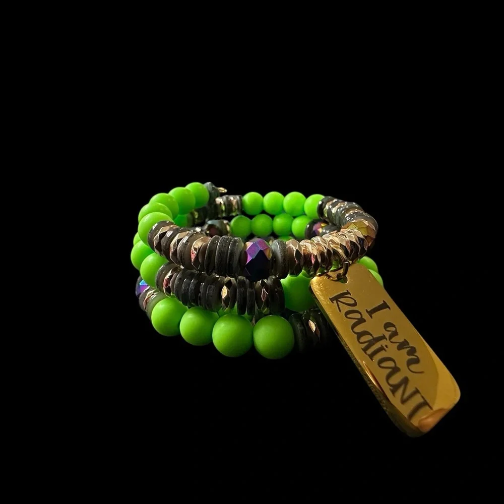 Neon Green Beaded Bracelet with Gold Tag - Picture 9 of 10